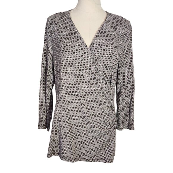 Talbots Brown Geometric Print Talbots Long Sleeve Wrap Style Tunic Top Womens L - Picture 1 of 14
